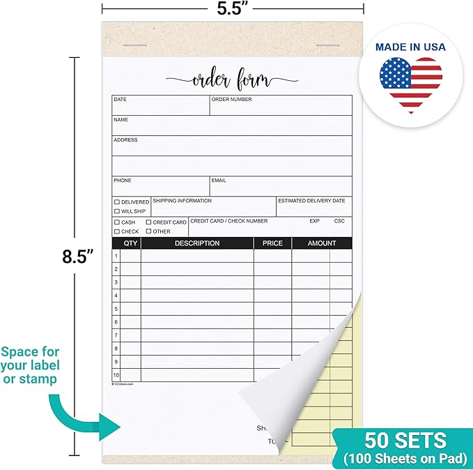 321Done Order Form Book with Cover, 5.5x8.5 Small 2-Part Carbonless, Made in USA, Carbon Duplicate Copy Invoice Purchase Sales Notepad for Small Business, Simple, Generic (50 Sets) White/Yellow