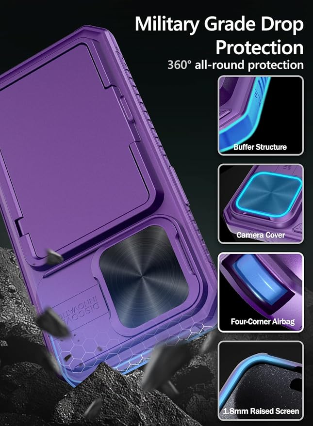 Vihibii for iPhone 15 Pro Wallet Case with Card Holder (4 Cards) & Slide Camera Cover & Kickstand & Raised Edges Protection, Shockproof Rugged Phone Cover for iPhone 15 Pro 5G 6.1" 2023, Dark Purple