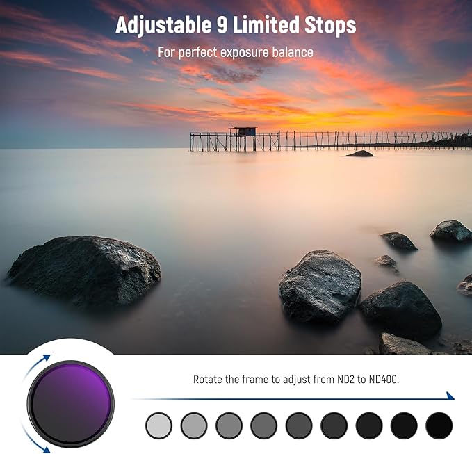 NEEWER 67mm Variable ND Filter, Hard Stop Limited Adjustable ND2-ND400 Camera Lens Neutral Density Photography Filter, Multicoated Water Repellent Scratch Resistant Optical Glass Slim Aluminum Frame