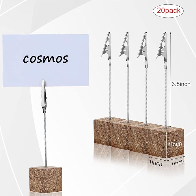Gersoniel Cube Base Memo Clip Holder with Alligator Clip Wood Table Number Holder Cube Base Place Card Stand Mini Photo Menu Stand for Displaying Number Card(Wood Color)
