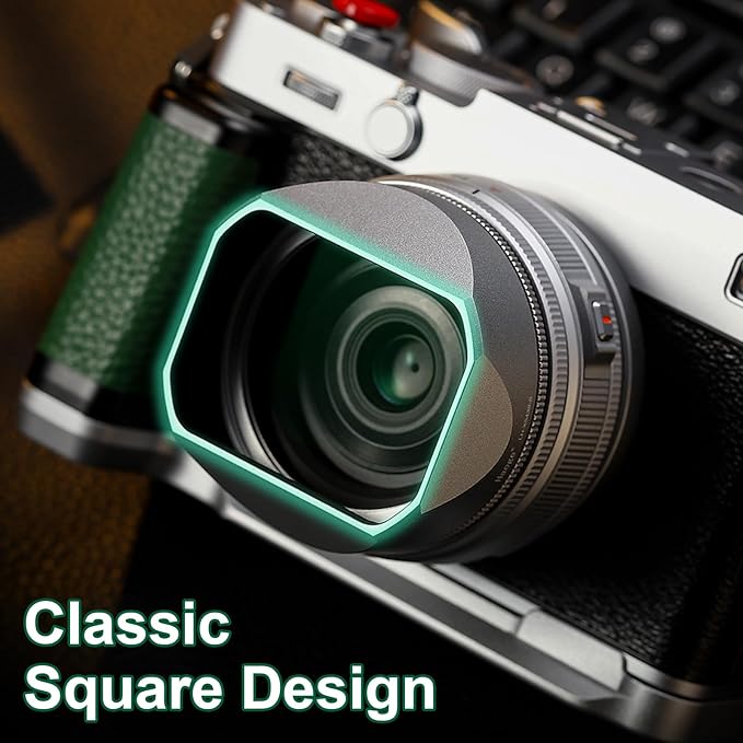 Haoge Squaret Metal Lens Hood for Fujifilm XF23mm F2.8 on XE5 Cemera Body kit Fujinon XF27mmF2.8 R WR Lense 39mm Screw-in Hood Silver,with Metal Cap