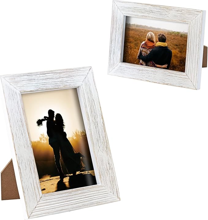 Wooden 5 x 7 Picture Frame Distressed Farmhouse Weathered Rustic Photo Frame Vintage White Wood Grain & Clear Glass Front Tabletop Display Wall Mounting Wedding Baby Family Portraits Home Office Decor