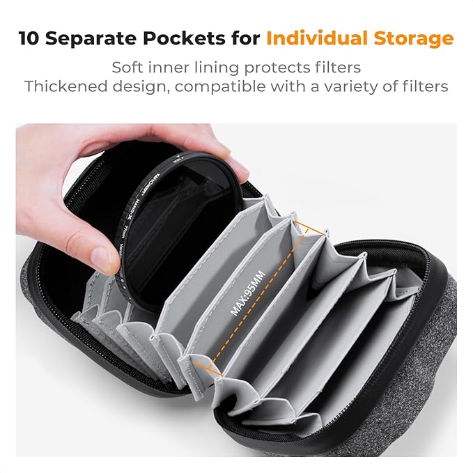 K&F CONCEPT 10 in 1 Lens Filter Case, Hard Shell Camera Filter Pouch Up to 95mm with Hand Strap, Waterproof Camera Lens Filter Storage Wallet for ND UV CPL Filter Pouch