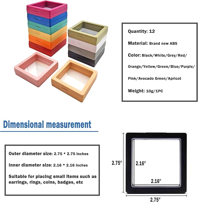 12PCS 3D Floating Frame Display Stand, Jewelry Box, Gift Box, Ornament Organizer, Small Travel Jewelry Box, PE Film Anti-Oxidation, Suspended Display Box Stackable (2.75*2.75，Type 5)