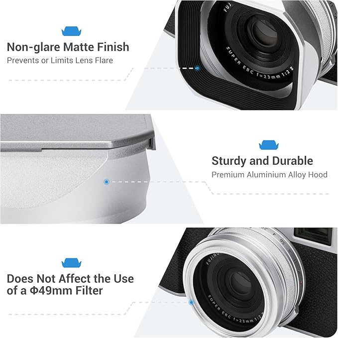 JJC LH-X100 Metal Square Lens Hood with AR-X100 49mm Adapter Ring for Fuji Fujifilm X100VI X100V X100F Cameras, LH-X100 Lens Hood with Filter Adapter Ring, Allows to Attach 49mm UV/ND/CPL Filter