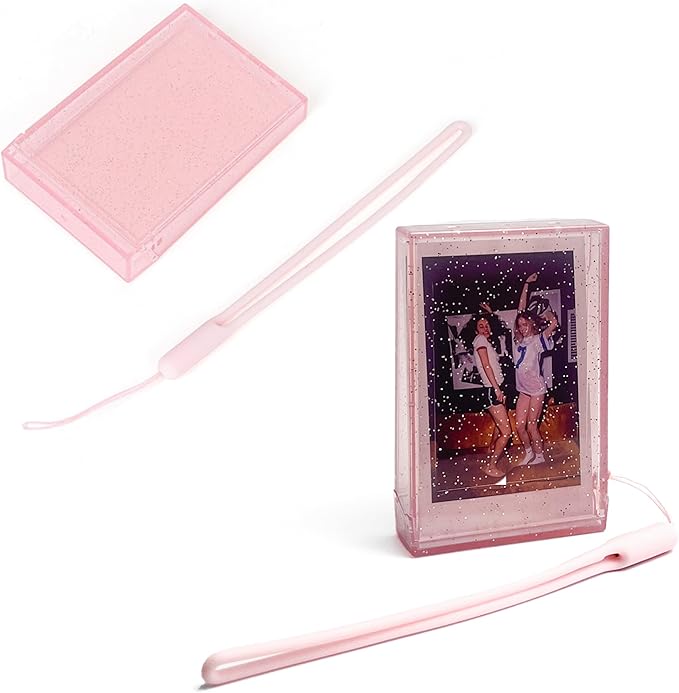 2 Pack Travel Photo Holder for Fujifilm Instax Mini 7+/8/9/11/12/40/90/EVO, 3 inch Photo Storage Case, Camera Clear Photo Protective Box with Wrist Lanyard, Postcard Display Frame (Pink glitter)