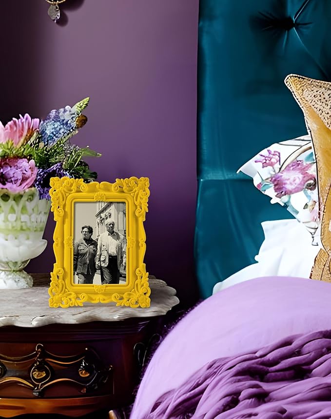 Picture Frames 4x6 for Drawings Prints, Small Colorful Decorative Frame with Real Glass/Stand, Rococo Ornate Memorial Frame Gift for Wedding Baby Shower Retirement (Yellow)