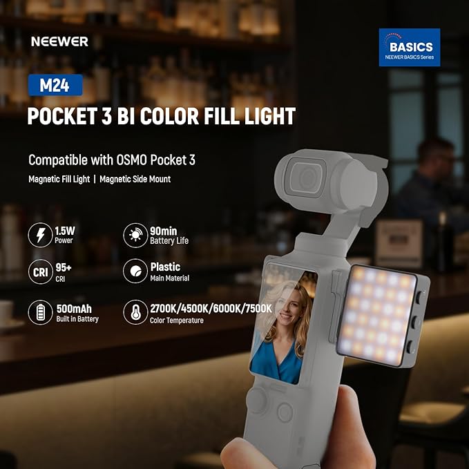 NEEWER Basics Bi Color Magnetic Camera Auxiliary Light Compatible with DJI OSMO Pocket 3, 1.5W Rechargeable Plastic Mini LED Fill Light Attachment for TikTok Vlog Selfie Video Recording, M24