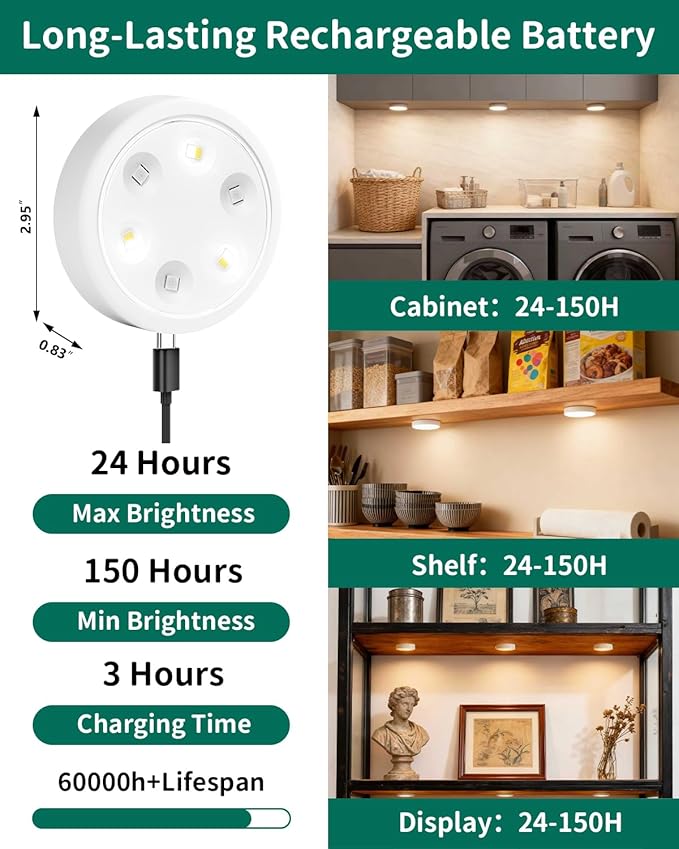 2-Pack Puck Lights with Remote, 1800mAh Rechargeable Under Cabinet Lighting, 3 Color Temps & 7 RGB Colors, Long-Lasting Dimmable Stick-On Lights for Cabinet, Kitchen, Shelf, Party