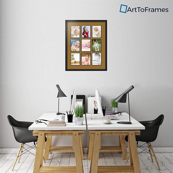 ArtToFrames Collage Photo Frame Double Mat with 9-6x8 Openings with Satin Black Frame and El Dorado mat.