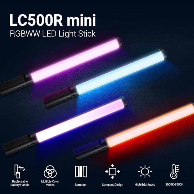 Godox LC500R Mini Handheld RGB Tube Light, 2500K-8500K RGB Stick Light with Barndoor&Soft Diffuseur, 20W 360°Full Color CRI 96+ 15 FX Effects LED Lighting Wand with APP Control