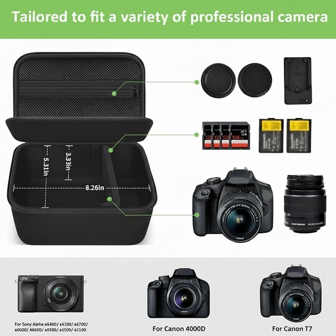 Digital Camera Case Compatible with Canon EOS Rebel T7/ 4000D/ T100 DSLR Cameras, Also for Sony Alpha a6400/ a6100/ a6700/ A6600/ a6300 Mirrorless, Holder for SD Card and More (Black)