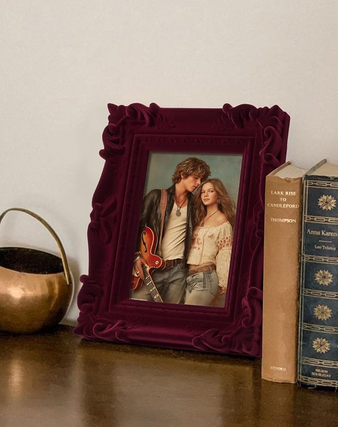 Retro Picture Frame 5x7, Red Rococo Ornate Frame for Plants Flower Art Prints Drawings, 5 by 7 Decorative Photo Frames with Real Glass and Stand, Gallery Home Office Decor (Wine Red)