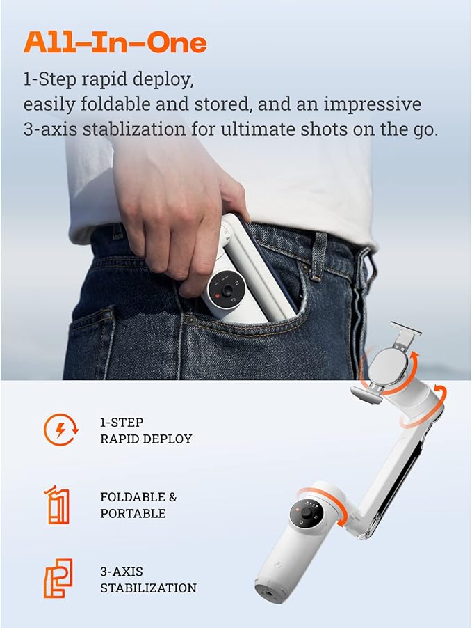 Insta360 Flow Gimbal Stabilizer for Smartphone, AI-Powered Gimbal, 3-Axis Stabilization, Built-in Tripod, Portable & Foldable, Auto Tracking Phone Stabilizer, Video Recording, Stone Gray