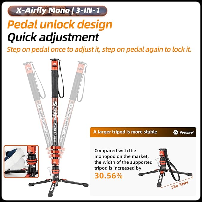 Fotopro 73" 3-in-1 Carbon Fiber Monopod with Pedal, Carbon Fiber Travel Monopod with Feet Max Load 22lbs for DSLR Camera Stabilizer Videography Kit, X-Airfly Mono Orange