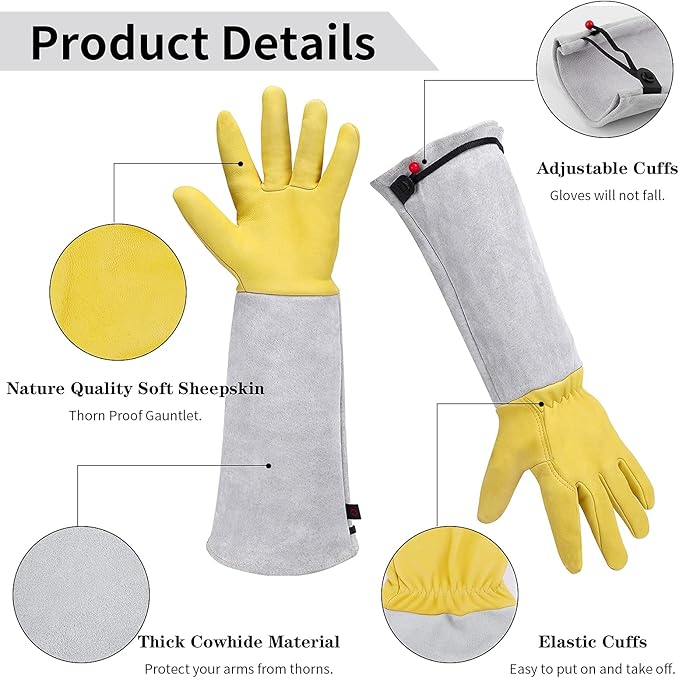 Supersfel Rose Pruning Gloves for Men/Women, Long Gardening Gloves Thorn Proof, Cactus Glove, Goatskin Leather Planting Gauntlet Garden Working Glove, Gardening Gifts for Gardeners (Small)