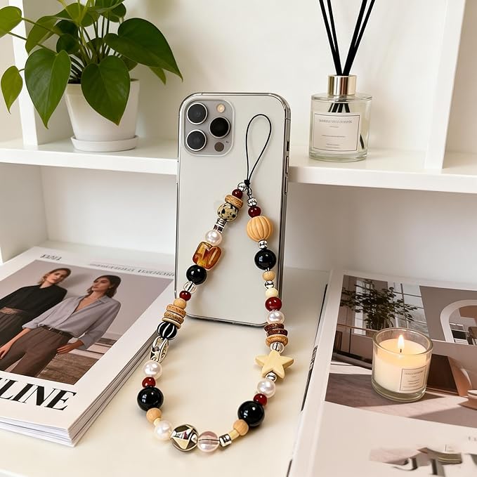 2 Pcs Phone Charm Strap Universal Hand Phone Wrist Strap Camera Lanyard Pearl Beaded Cute Chain String Accessories Universal for iPhone 17 16 Pro Max Samsung Women Girls Keychain Brown and White Star