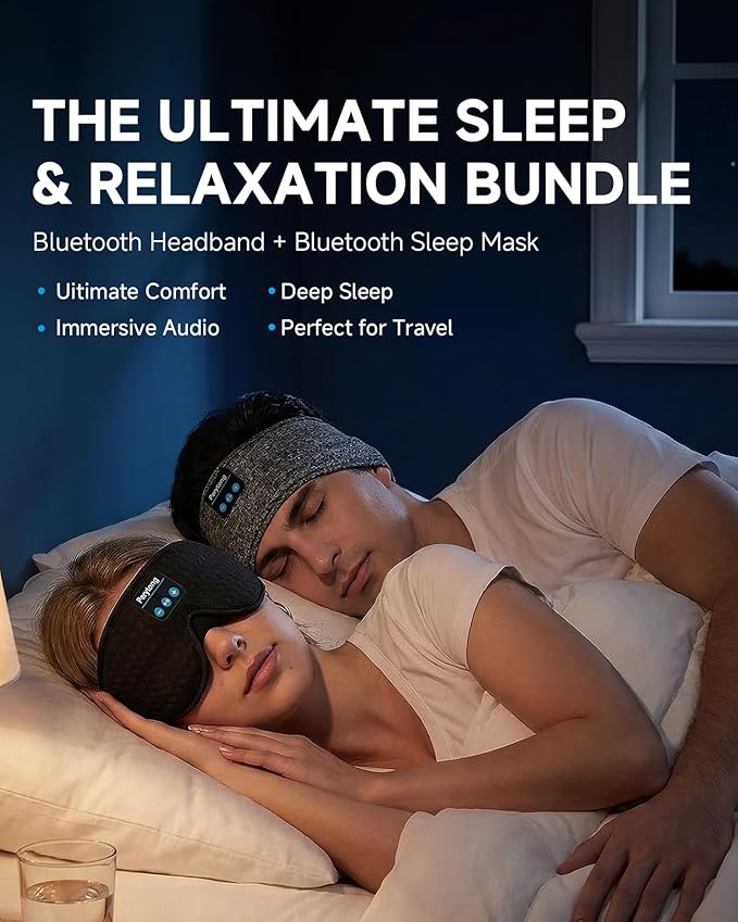 2-Pack Sleep Mask with Bluetooth Headphones & Sleep Headphones Headband Wireless, Ultra-Thin Stereo Speakers for Side Sleepers Perfect for Insomnia, Yoga, Air Travel, Meditation