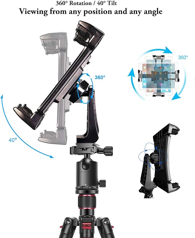 IPad Tripod Mount Adapter 360 Degree Rotatable Universal Tablet Clamp Holder for iPad Pro 12.9 11 10.5, iPad Air Mini, Surface Tab, Galaxy Tab and 3.5 to 13.5in Phone Tablet, for Tripod, Monopod