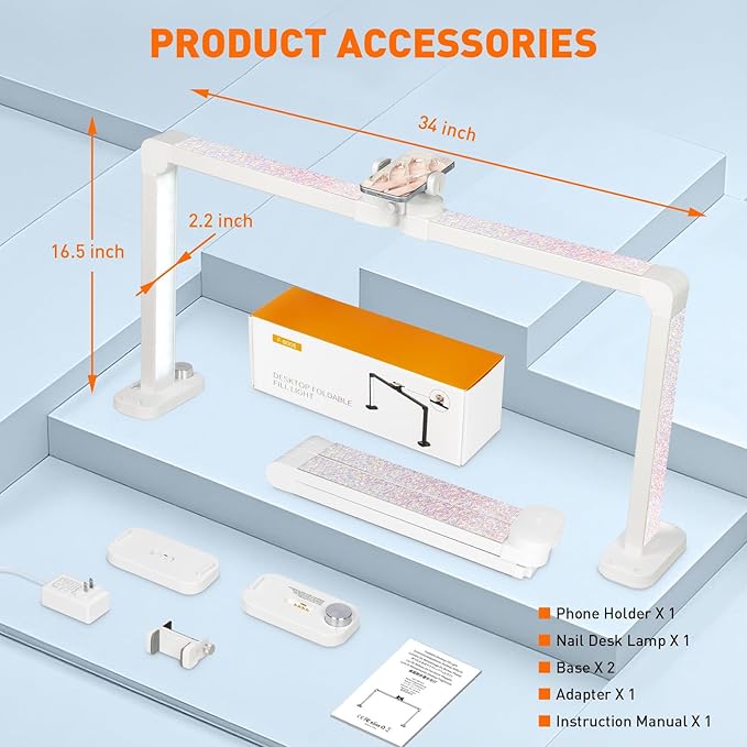 KIRKAS 34IN Half Moon Light for Nail Desk, 456 LEDs 3 Color Modes Infinitely Knob Foldable Nail Tech Lamp with Phone Holder Charging Function, Manicure Lamp for Eyelash,Eyebrows,Beauty(Diamond, Large)
