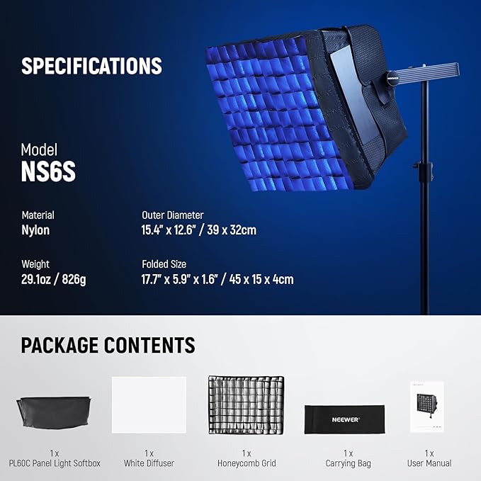 NEEWER Upgraded Softbox Diffuser for PL60C RGB LED Video Light Panel, 15.4"x12.6"/39x32cm Foldable with Grid/Bag/Blackout Hood, No Need to Remove Barndoors Quick Set Up for Portrait Soft Light, NS6S
