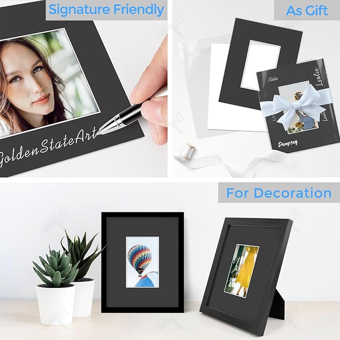Golden State Art, Acid Free, Pack of 5, 8x10 Black Picture Mats Mattes with White Core Bevel Cut for 4x6 Photo + Backing + Bags