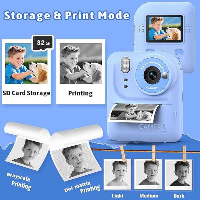 Okaloka Kids Instant Print Camera Toys,1080P HD Toddler Digital Video Camera,Christmas Birthday Gifts for Girls Boys Age 3-12 Year Old - 32G SD Card Included (Blue)