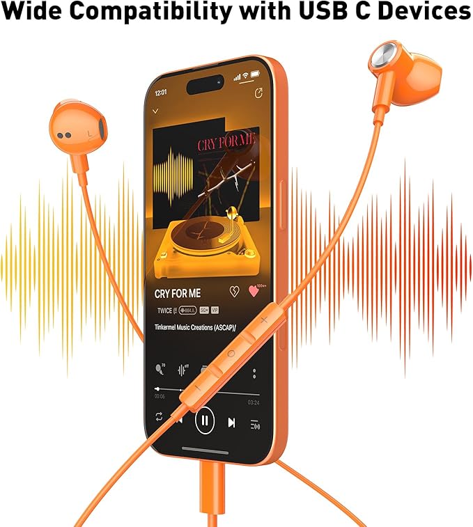 USB C Headphones Wired Type C Earphones for Samsung/Galaxy S26 S25 S24 Plus S23 S22 S21 S20 Note 20 Ultra DAC Magnetic Corded Earbuds for iPhone 15 16 16e 17 Air for Apple/Android Ear Buds Orange