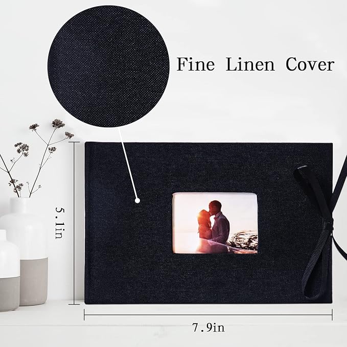 Vienrose Photo Album 4x6 50 Pockets Linen Frame Cover with Memo Areas Photobook Mini Slip-in Picture Book for Wedding Baby Vacation, Black