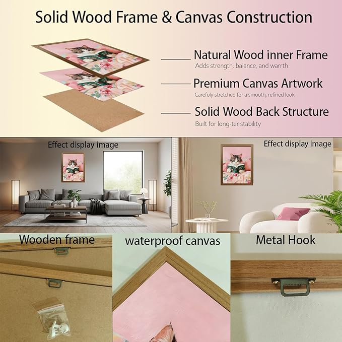 Cat Reading Framed Canvas Wall Art, Cute Cat Poster Paintings Print Picture, Single Panel Wood Frame Artwork Posters Prints for Bedroom Living Room Home Décor Wall Decoration, 16x12in / 24x16in