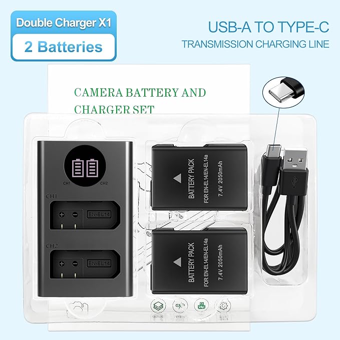 EN-EL14/EN-EL14a Battery, 2 Pack 2050mAh, with Dual Slot Fast USB Charger, Compatible with Nikon D5100 D3200 D5300 D3100 D5200 D3300 D5500 D3400 Df D3500 D5600 P7000 P7100 P7700 P7800 Digital Camera