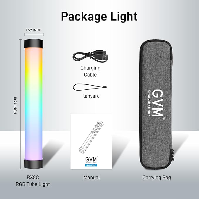 GVM BX8C RGB Tube Light with Spotlight, Full Color Photography Handheld LED Video Lighting Wand Stick with Bluetooth Control, 6 Pixel Effects 12 Lighting Scenes, 2000K-10000K, 3300mAh Battery
