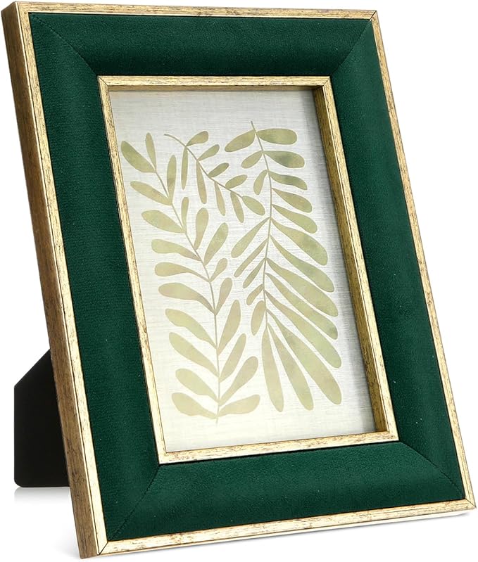 Kathfly 1 Pcs Green Velvet Picture Frame 4 x 6 Inch Vintage Photo Frame with Gold Metal Edge Horizontal & Vertical Mount for Poster Artwork Puzzles Tabletop Wall Display Christmas Home Office Decor