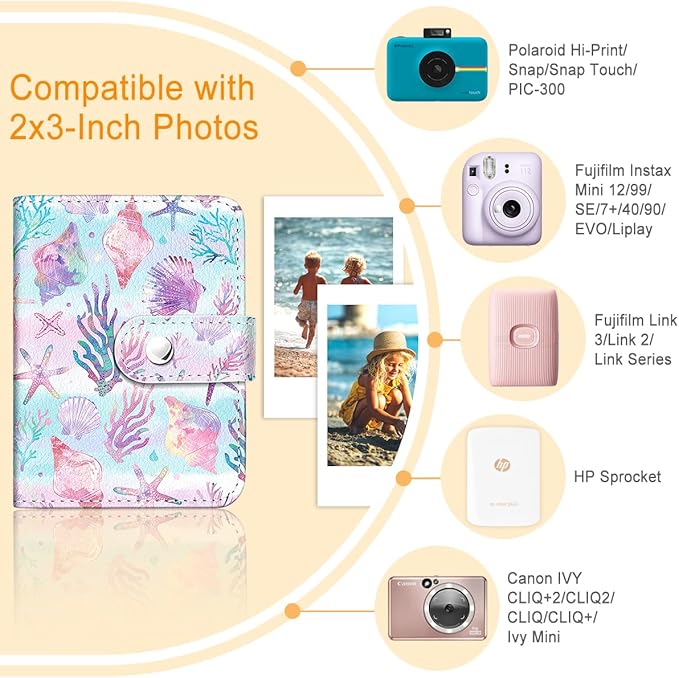 Lebrocoli Seashell Starfish Small Photos Album for 2x3 Inch Films, 56 Pockets Mini Cute Albums Book for Polaroid Fujifilm Instax Mini Instant Camera Printer, Kpop Photocard Pictures Binders Holders
