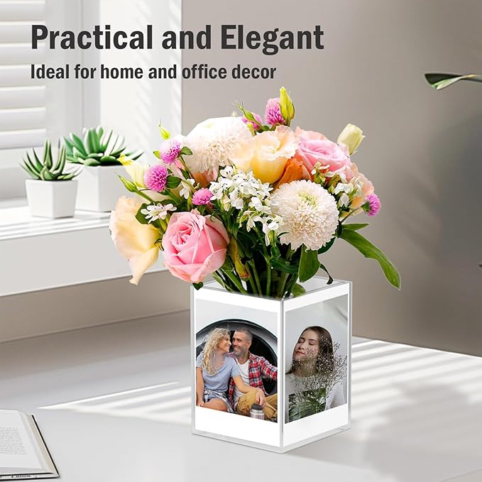 Losneg Polaroid Frame for 2x3 Pictures, Instax Mini Frame, Small Acrylic Clear Desk Photo Cube 4-Sided Displays 3 in Sprocket Photos, with Pen Holder for Office Organizer