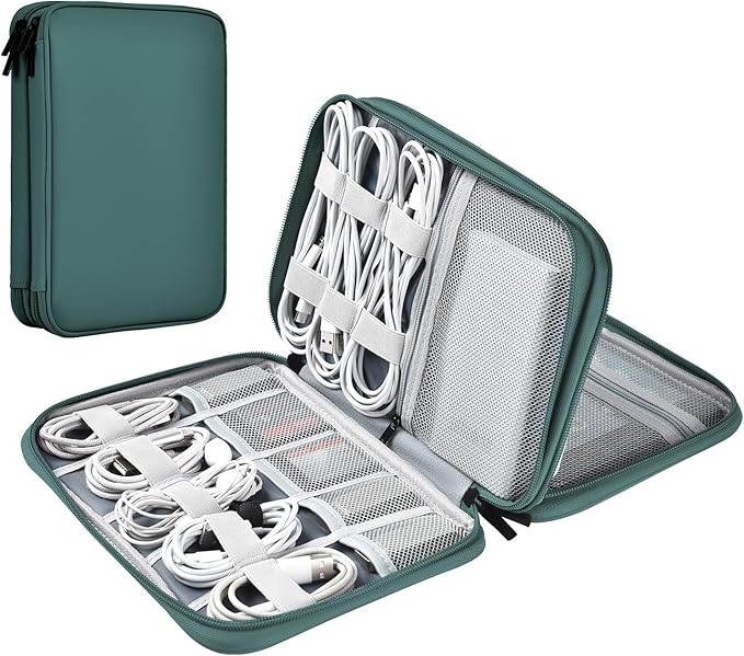 Leather Cord Organizer Travel Waterproof Travel Cable Organizer Bag Portable Tech Organizer Travel Case for Charger Electronic Accessories(Deep Green, Double Layer-Small)