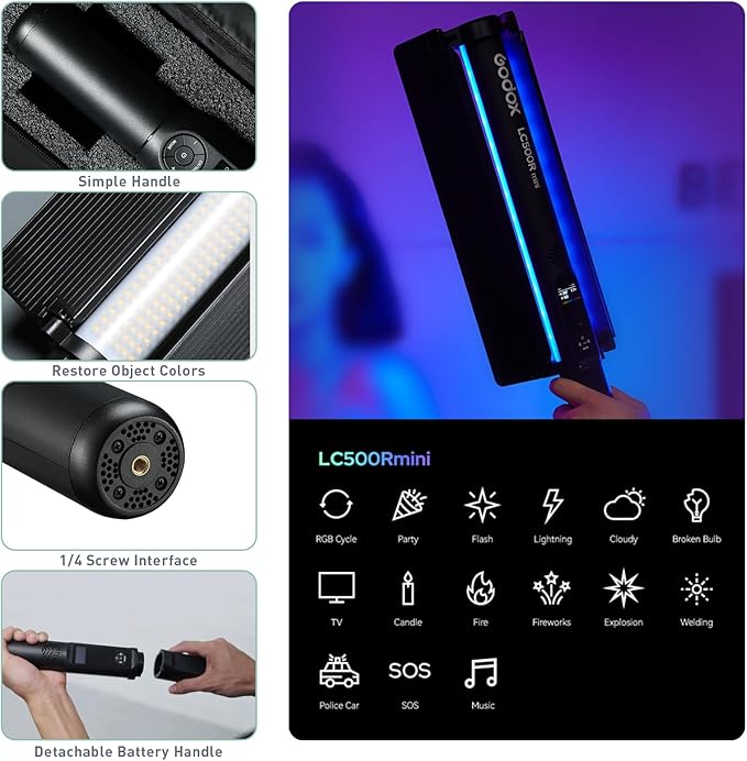 Godox LC500R Mini RGB Video Light Stick - Adjustable 360° Full Color Handheld LED Light Wand with Battery Grip and Barndoor