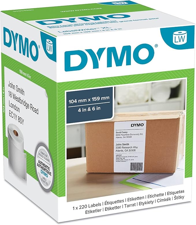 Dymo 104 mm x 159 mm LW Extra Large Shipping Labels for LabelWriter 4 XL Label Maker, Roll of 220, Authentic, Black Print on White