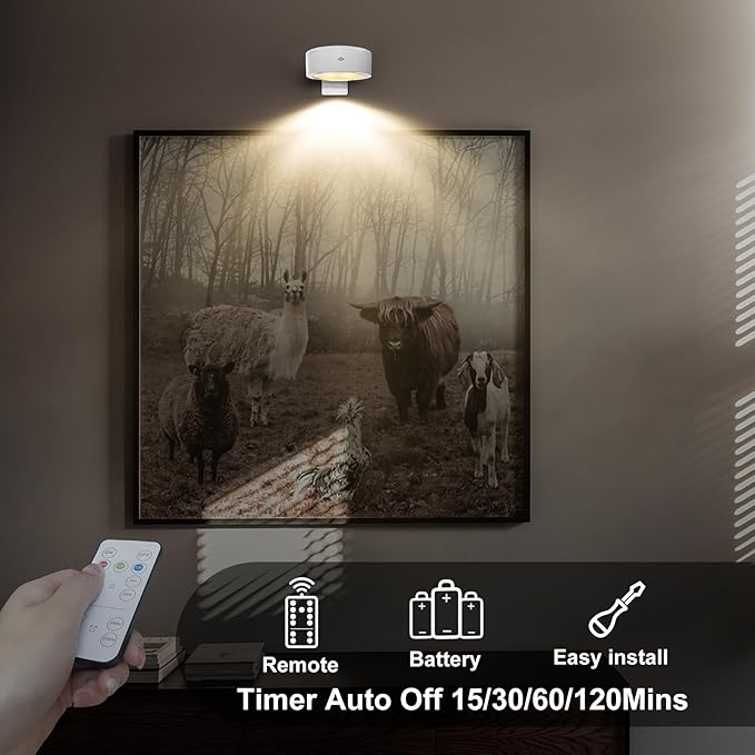 3-Pack Battery Operated Picture Lights Magnetic Painting Light with 3 Lighting Modes,Remote and Timer Art Display Light for Picture Artworking Frame Portrait,Dimmable Wireless Wall Puck Lights-White