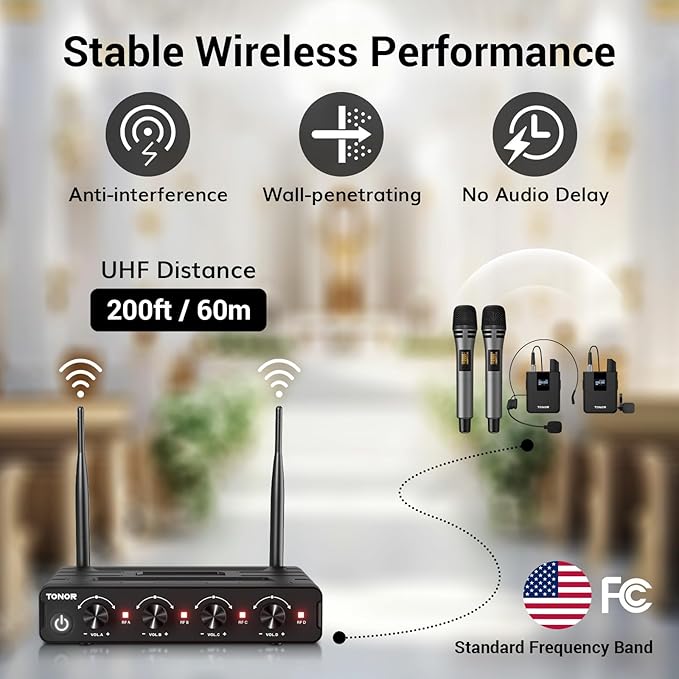 TONOR Wireless Microphone System, 4 * 10-Channel UHF Cordless Handheld Mic Set with Headset/Lavalier Lapel Mics, Bodypack Transmitter, Receiver, 60 m/200ft Range for Karaoke Singing Church PA Speaker