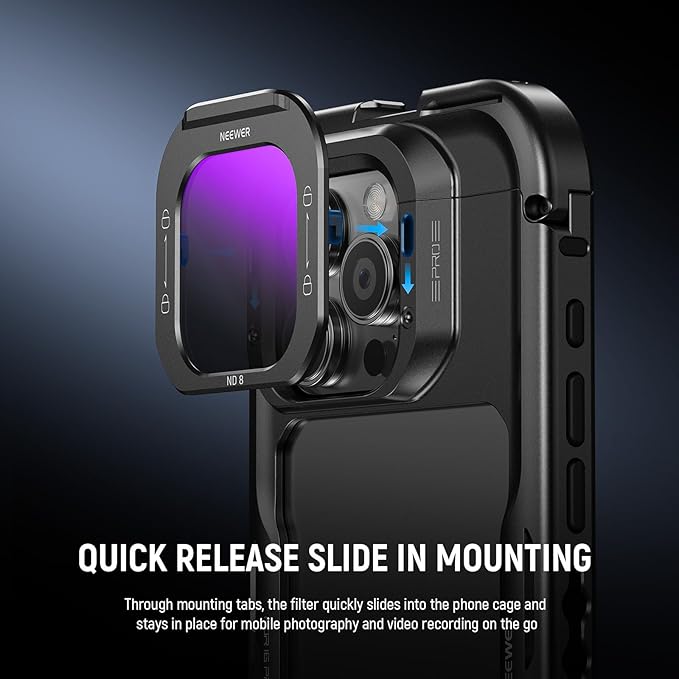 NEEWER ND8 Phone Lens Filter, Quick Release Multicoated HD Optical Glass Neutral Density ND Filter Compatible with iPhone 16 Pro (PA073) iPhone 16 Pro Max (PA074) Phone Cage, FL-I1