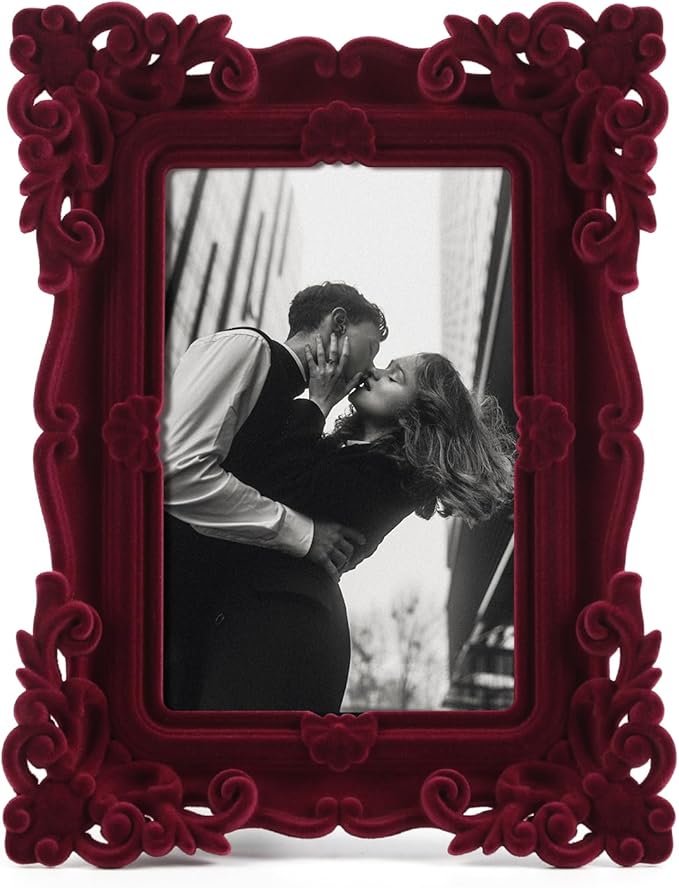 Vintage 4x6 Frame with Stand for Shelf End Table Decor, Old-fashioned Decorative Photo Frame for Victorian Home Decor, Small Picture Frame for Grandparents Memorial Housewarming (Wine Red)