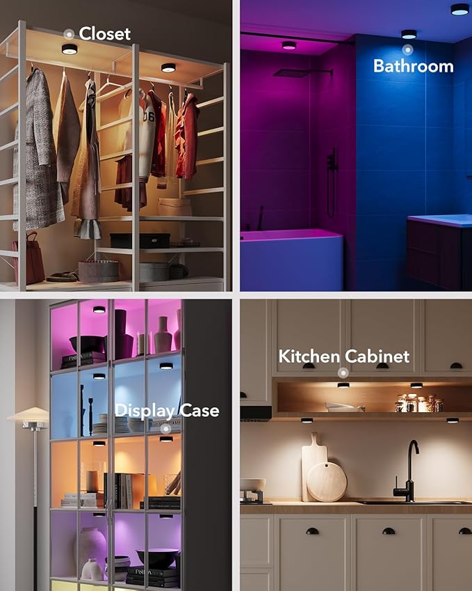 Rechargeable Puck Lights with Remote Control, 2400mAh Battery Stick On Spot Lights Indoor for Cupboards, RGB+3CCT, 6 Packs