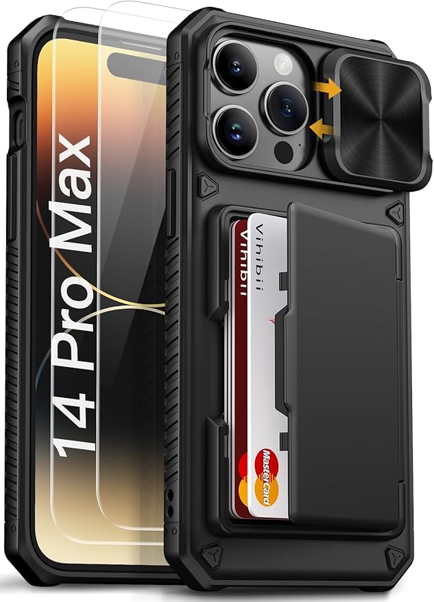 Vihibii for iPhone 14 Pro Max Case with [2X Screen Protector], Built-in Card Holder (4 Cards), [RFID Blocking] & Slide Camera Cover & Tempered Glass Films, Rugged Wallet Case for 14 Pro Max 5g, Black
