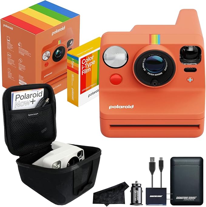 Polaroid Now+ 3rd Generation Bluetooth i-Type Instant Camera with 16 Color Film Photos, Coral | App Controlled with Signature Series Power Bundle