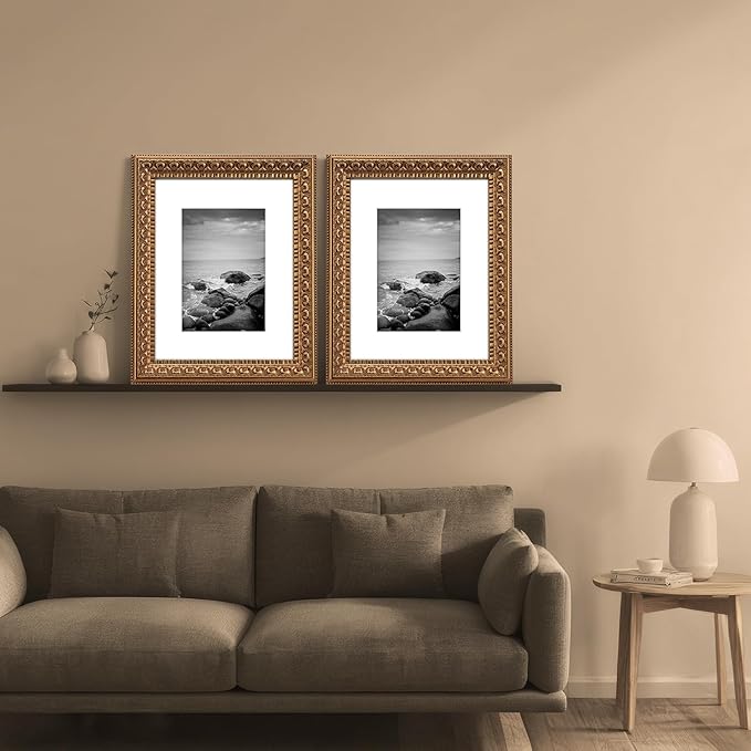 8x10 in Antique Gold Ornate Vintage Wood Picture Frame, Matted for 5x7 Photos, Real Glass Protection, Tabletop or Wall Mounting Display