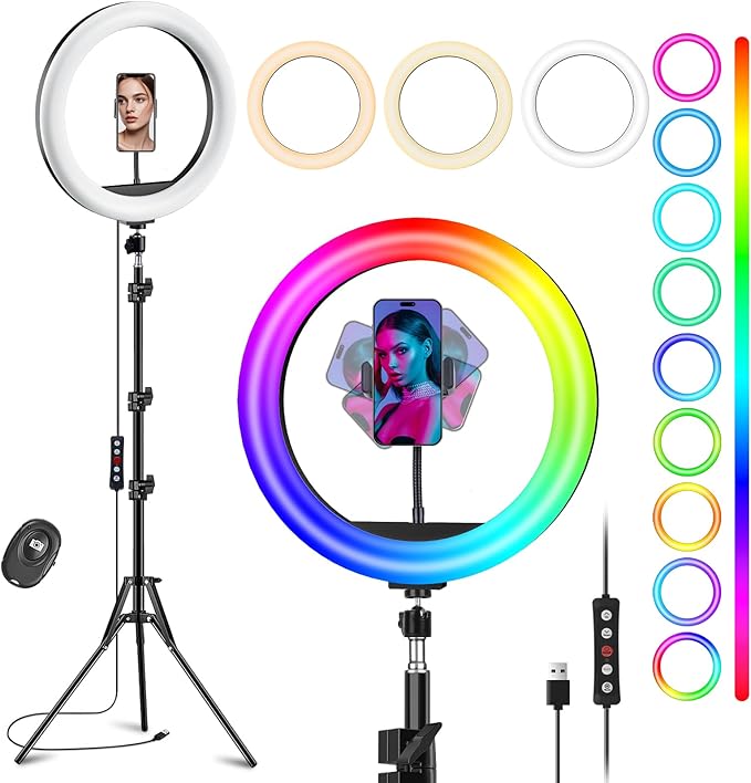12" Selfie Ring Light with Stand and Phone Holder, Desk Tripod, 29 RGB Lighting Modes, Remote for iPhone &Android Camera. LED Halo Light for Photo, Video Recording, TikTok. Circle Ringlight Dimmable