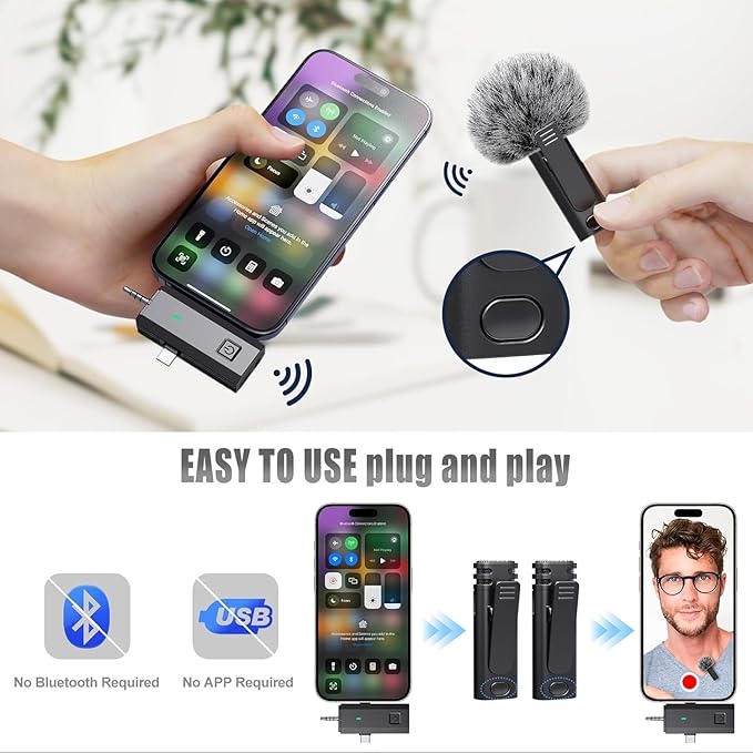 3 in 1 Wireless Microphone for iPhone, iPad, Android, Camera, Mini Lavalier Lapel Mic, USB-C Microphone, 2.4G Ultra-Low Delay, Microphones for YouTube,TikTok,Video Recording,Live Streaming,Vlog
