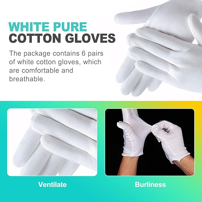 KornaDoz 6 Pairs White Cotton Gloves, Thin Inspection Gloves for Women and Men, Soft for Dry Hands, Works for Coin, Art Handling and Archival