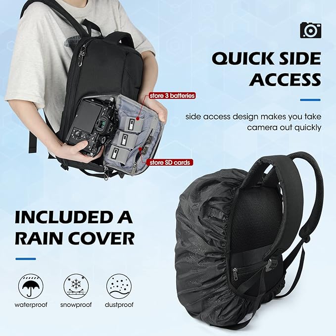 RAINSMORE Camera Bag Professional DSLR SLR Mirrorless Photography Camera Backpack 15.6 Inch Waterproof Camera Case With Tripod Holder&Laptop Compartment for Canon Nikon Sony for Photographers Black